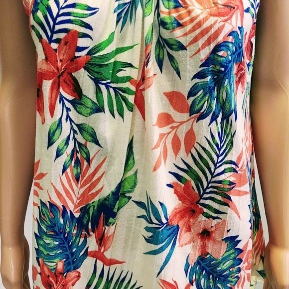 EUC NEW YORK LAUNDRY TROPICAL FLORAL RAW HEMLINE LACE SLEEVES POLYESTER TOP XL - Picture 3 of 10